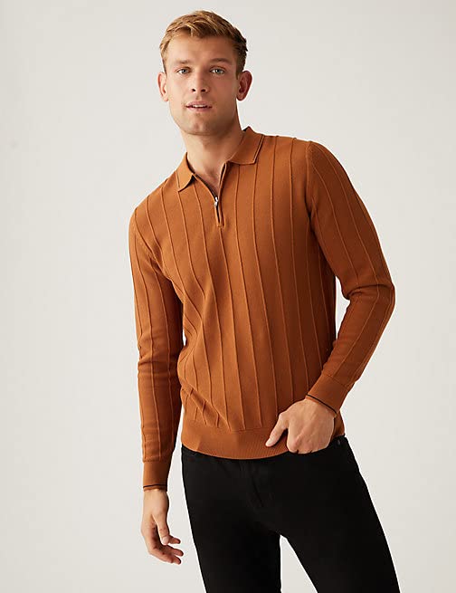 Image of Marks & Spencer Cotton Modal Textured Knitted Polo Shirt