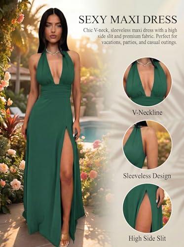 Image of Ekaliy Womens Sexy Halter Deep V Neck Maxi Dress Sleeveless Backless Split Long Dress