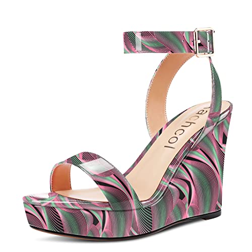 Image of Aachcol Women Platform Wedge Sandals Round Peep Open Toe Ankle Strap Slingback Two-Piece Chunky Block High Heel Dress Shoes Pumps Party Patent 4 Inch