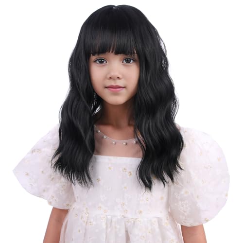 Image of Black Wig Short Black Wavy Curly Bob Wig Black Wig with Bangs Synthetic Wigs for Halloween Party