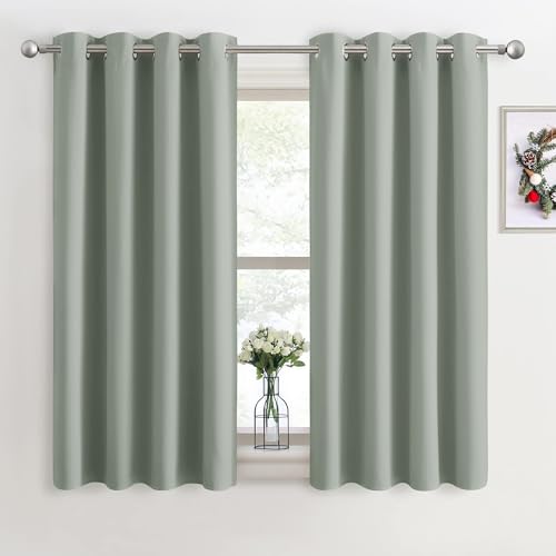 PONY DANCE Sage Green Blackout Thermal Insulated Curtains for Bedroom 46 x 54 Inch Short Eyelet Curtains & Drapes Soft Black Out 2 Panels for Window Living Room/Kitchen