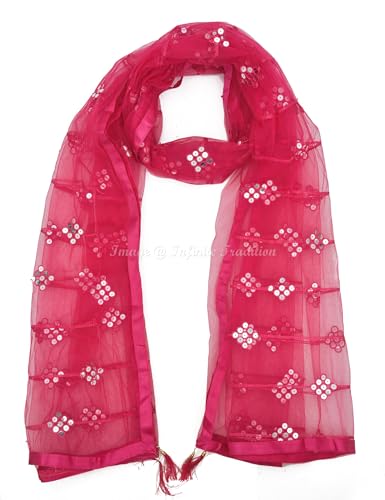 Modern Net/Chunni/Dupatta/Stole/Neck Scarf Embroidered with Sequins Party Wedding Head Wrap Magenta 85x44 Inch - 1 Piece