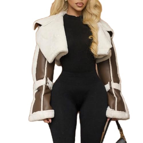 Womens PU Leather Crop Jacket Vintage Large Lapel Patchwork Jacket with fleece Winter Going Out Streetwear