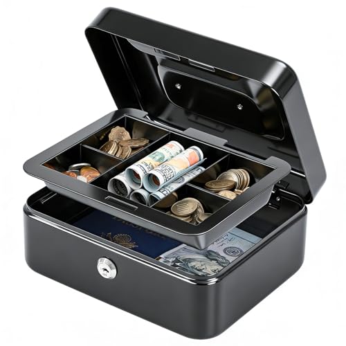 KYODOLED Medium Cash Box with Removable Money Tray, Key Lock Metal Storage Box with 2 Keys & Portable Handle, Safe Cash Drawer, 7.87'x 6.30'x 3.54', Black