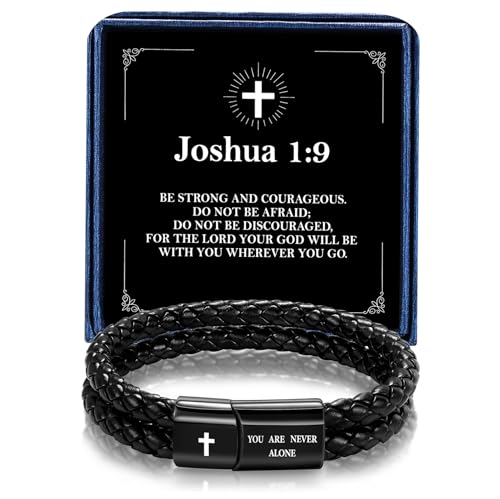 Men's Leather Bracelet with Cross Bible Verse, Double Layer Black Leather Bracelet for Men, Christian Religious Inspirational Gift for Him Men Dad Husband Boyfriend Grandson Son