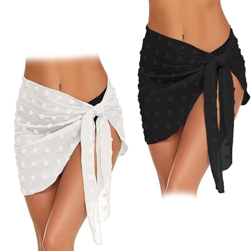 PSFXBM 2 Pack Women's Beachwear Sarongs, Black & White, 50 * 140cm, Chiffon Bikini Cover Up, Beach Wrap Skirt, Sheer Short Skirt, Suitable for Beach, Swimming Pool