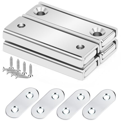 Wukong 4 Pack Rectangular Neodymium Magnets, Heavy Duty 20kg, 40 x 13.5 x 5 mm with Countersunk Hole for Home, Industry Tools, Wall Board with Screws