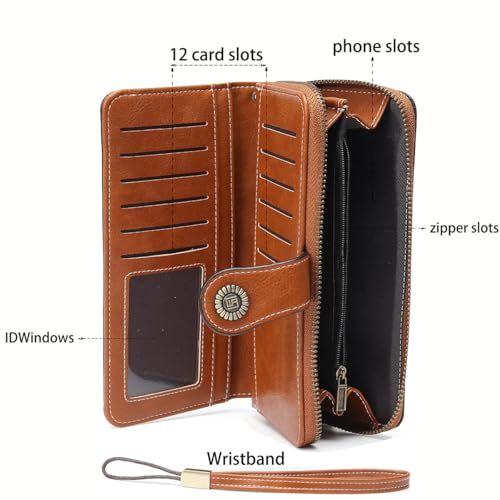 Image of Women Leather Wallet Crossbody Shoulder Bag with Double Zipper and Mobile Phone Purse with Shoulder Strap