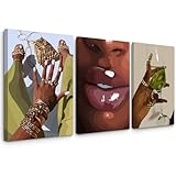 Black Girl Wall Art African Woman Canvas Wall Decor American Black Women Wall Art Black Female Pictures Fashion Abstract Poster for Home Bedroom 12x16 Inch Framed Set of 3
