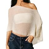 ZUIMEIHQH Sheer Poncho for Women, Poncho Asymmetric Tops Trendy Lightweight Summer One Shoulder Loose Boho Beach Vacation Cape Top Crop (Beige)