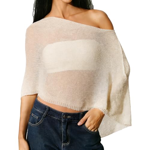 ZUIMEIHQH Sheer Poncho for Women Poncho Asymmetric Tops Trendy Lightweight Summer One Shoulder Loose Boho Beach Vacation Cape Top Crop (Beige)