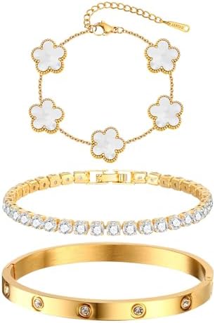 Womens Stackable Floral Gold Bracelets - 3Pcs 18K Gold Plated Bra...