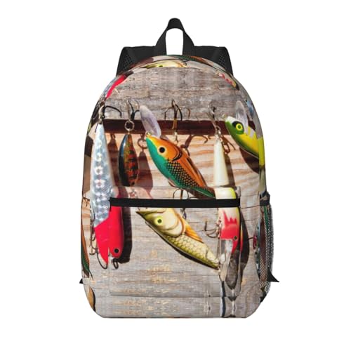 Sac à dos de voyage 17 pouces grand volume noir à imprimé leurre de pêche