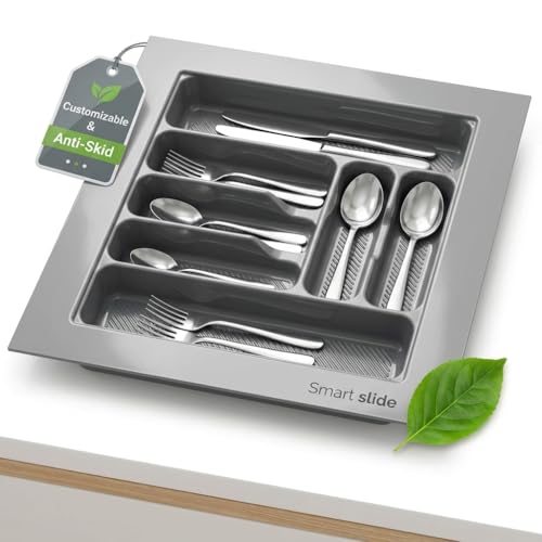 Image of SmartSlide 600 MM Cutlery Tray For Kitchen Drawer Modular Kitchen Tandem Drawer Organizer Spoon Organizer 24 inch Cutlery Tray Adjustable Width & Depth Grey Non-Slip Surface (600 x 535 MM)
