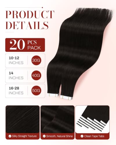 Image of Moresoo Darkest Brown Hair Extensions Tape in, 16 Inch, 20Pcs, 50g | Human hair tape in extensions, skin weft tabs, dark brunette tone, medium length, center parts and half-up styling use
