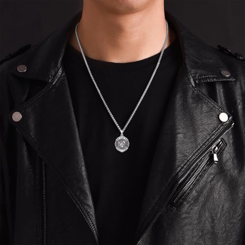 Firefighter Necklace 925 Sterling Silver Fire Fighter Shield Medal Cross Pendant Necklaces for Men, w/Stainless Steel Chain 22''+2''2