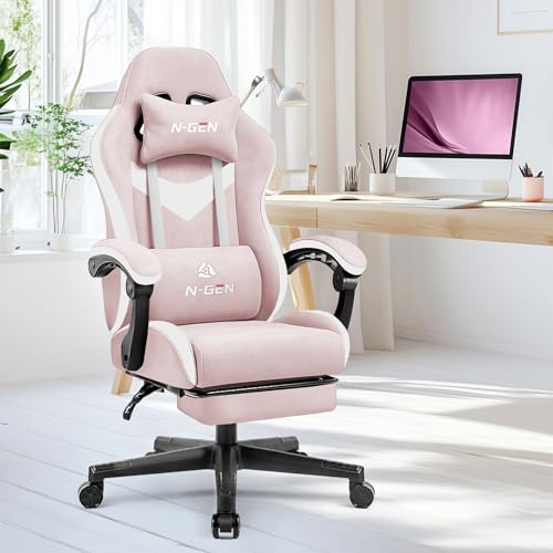 Image of N-GEN GAMING Video Gaming Chair Office Computer Desk Use Ergonomic Reclining Backrest Adjustable Armrests Lumbar Support Footrest High Density Foam Breathable Fabric Heavy Duty Base (Pink)