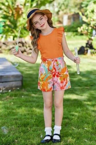 Image of Arshiner Girls Clothes Summer Outfits Ruffle Sleeve Tops and Paperbag Waist Shorts with Pockets Kids Clothing Set