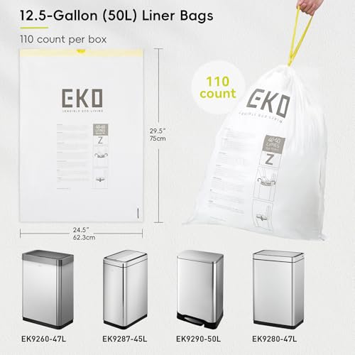 Image of EKO 12.5 Gallon / 40-60 Liter, 110 Count Drawstring Trash Bags, Extra-Strong Garbage Bags, Unscented, Leak-Resistant, Easy-Dispense Roll for Kitchen & Household Use, Code Z, White