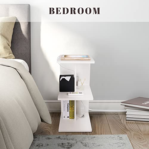 Szlhanjz Narrow End Table, Small Side Table For Small Spaces, 3 Tier Modern Nightstand With Charging Station, Wood Couch Sofa Side Table With Storage Shelf, Night Table For Bedroom Home Dorm, White #TOP3