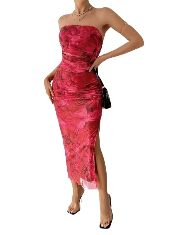 Image of Women's Mesh Floral Strapless Bodycon Maxi Dress Ruched Long Tube Dresses Summe Sexy Party Club Dress Y2K Dresses