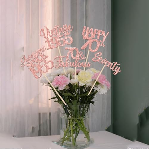 Image of 15 PCS 70th Birthday Centerpiece Sticks Seventy Glitter Happy 70th Vintage 1955 Table Flower Centerpieces Sticks Cheers to 70 Fabulous Floral Decorations for 70th Birthday Party Supplies Rose Gold