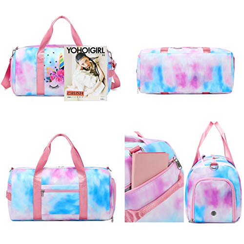 Duffle Bag for Grils Sport Gym Bag Weekender Carry On Workout Duffel Overnight Shoulder Bag with Shoe Compartment (Blue Pink)