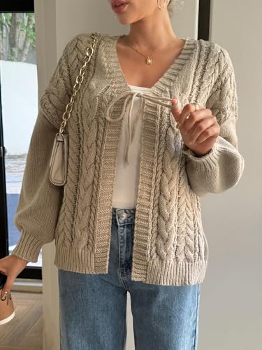 Saodimallsu Womens Tie Front Cardigan Sweaters Cable Knit V Neck Lantern Long Sleeve Casual Loose Sweater Coats3