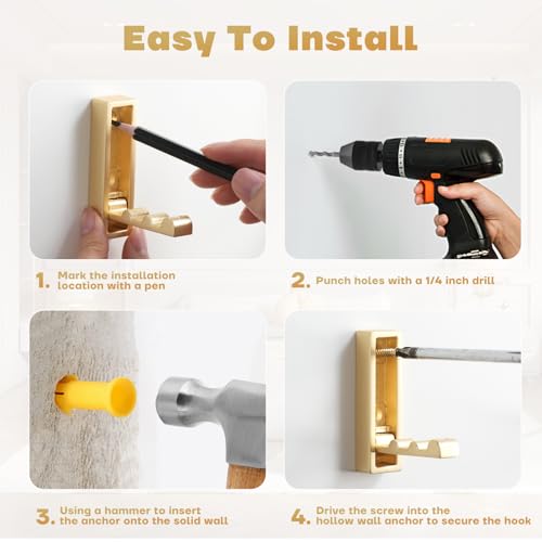 VOSEPO Folding Coat Hooks, 4Pcs Foldable Heavy Duty Wall Hooks Zinc Alloy No Rust Fold Up Hooks for Coat, Towel, Key, Hat, Bag, Jacket, Backpack. (Gold) - Image 9