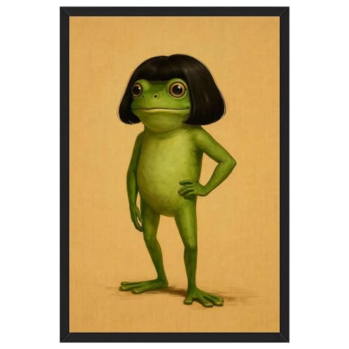 Framed Canvas Wall Art Funny Frog with Bob Haircut Poster