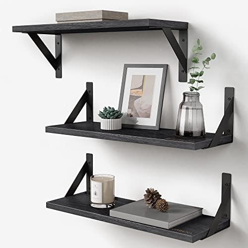 Forbena Black Floating Shelves Bathroom Set of 3, Wooden Wall Book Shelves for Bedroom, Rustic Wall Shelf for Bedroom Storage, Bathroom Organizer, Living Room, Kitchen, Office (Black)