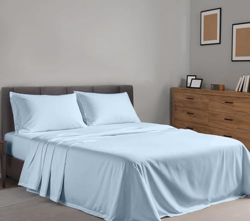 Image of RUVANTI 100% Cotton Percale Sheets Split King Size, Baby Blue | Crisp Cooling, Deep Pocket 16 inch, Soft Breathable & Durable, Hotel-Style, 5 Piece Set