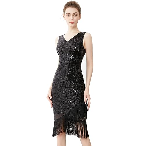 IDOPIP Women's Flapper Dress 1920s Vintage Gatsby Party Sequin Fringe Evening Cocktail Bodycon V-Neck Prom Asymmetric Tassels Formal Gown Wedding Bridesmaid Dance Black XL : Clothing, Shoes & Jewelry