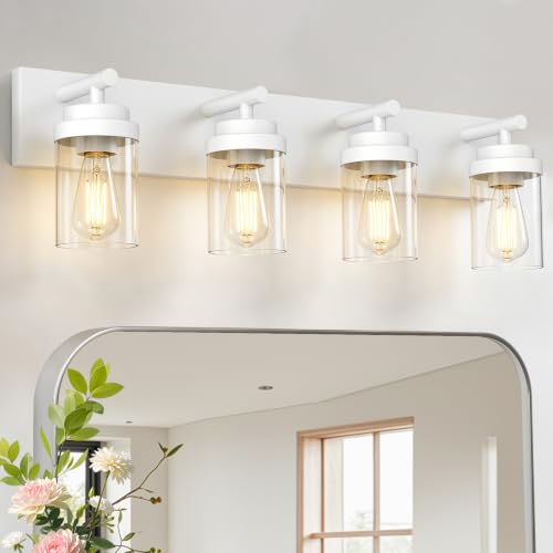 Image of IZORRO Bathroom Light Fixture White, Clear Glass Shade 30-Inch 4-Light | Bathroom Light Fixtures Over Mirror, Modern Farmhouse Vanity Lights, Rustic Restroom Lighting Fixtures