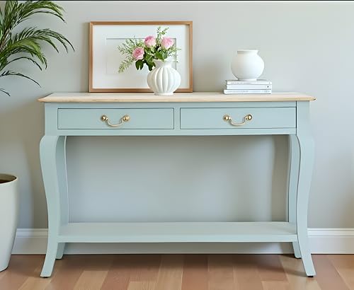Image of Wooden Console Table with 2 Drawers, Natural Wood Top, Curved Legs, Entryway Sofa Table, Sheesham Wood Study Table with Shelf Storage, 46Lx17Wx30H Inches. (Silt Green)