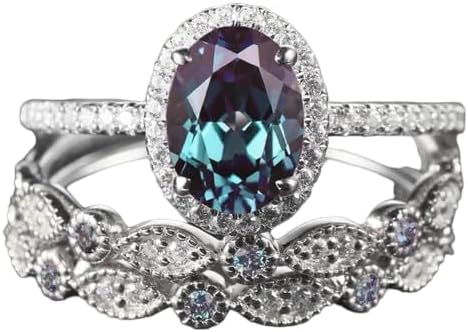 Bala Gems & Jewels 3PCS Alexandrite Engagement Halo Ring Set, Vintage 14K Rose Gold Alexandrite Bridal Set Unique Oval Cut Alexandrite Wedding Set Gift for Her (HNDMD-AL-5)