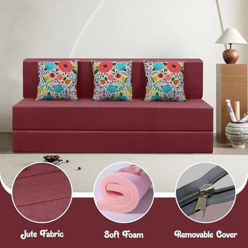 Image of Rosebell 3 Seater Foldable Sofa Cum Bed | 5x6 feet Jute Fabric with Washable Cover & 3 Printed Cushion | Multipurpose Sofa Bed for Living Room - Red Color