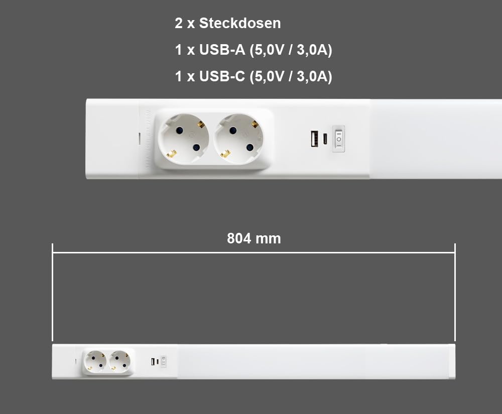 LED Unterbauleuchte mit 2 Steckdosen, USB-A, USB-C und 2 Lichtfarben
