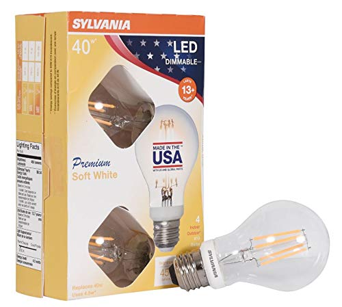SYLVANIA General Lighting 40247, Soft White SYLVANIA 40 Watt Equivalent, A19 LED Light Bulbs, Dimmable, Color 2700K, Made in The USA with US and Global Parts, 4 Pack