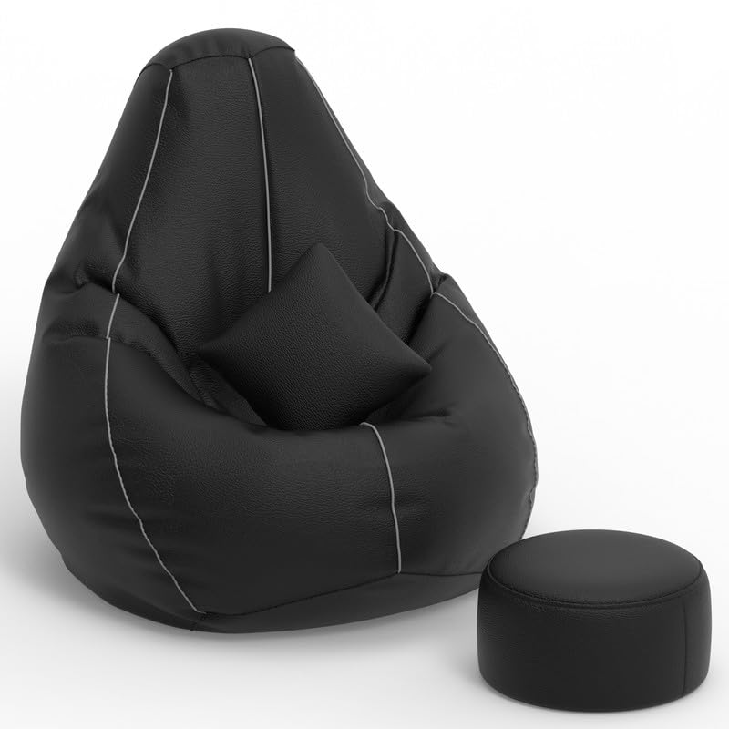 Image of Biggie Bean Bag with Beans Filled 4XL The Evergreen Classics Bean Bag-with 3D Highlights-Styled for Elegance with Free Cushion & Footrest (Matching Color : 3D Piping Black Light-Grey)