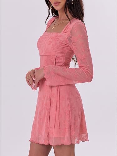 Image of Caracilia Womens Sexy Mesh Ruched Mini Dresses Long Sleeve Square Neck Tie Fall Club Party Cocktail Short Dress 2026 Fashion