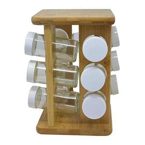 Especiero bambú con 12 botes de cristal con tapa de rosca blanca y base giratoria Cover