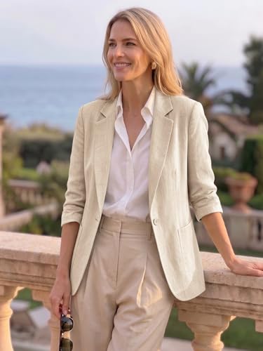 Image of Mina Self 2026 Summer Women's Linen Blazer Jacket - Lightweight Breathable 3 /4 Stretchy Ruched Sleeve Casual Work with Pocket