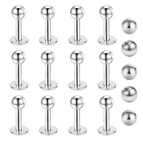 Gojewen 12pcs Piercings labio de plata 4mm Labret Studs 16G de acero inoxidable Piercing labio Stud con bolas de repuesto