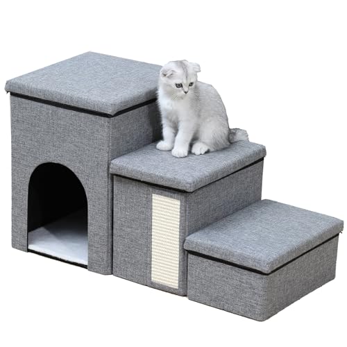 PJDDP Dog Stairs with Storage, Foldable Pet Ladder,Pet Storage Stepper,3 in 1 Non Slip Dog Ramp with Toy Storage Boxes,Detachable Portable Pet Stairs for High Bed Sofa & Window Perch