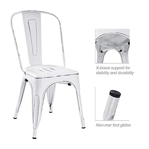 Image of Devoko Metal Indoor-Outdoor Chairs Distressed Style Kitchen Dining Chairs Stackable Side Chair with Back Set of 4 (White)