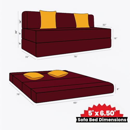 Image of CELLBELL Comfy Sofa Cum Bed 5x6.5 Feet | Foldable Dual Use Couch Bed with Soft Cushions, Washable Fabric Cover & Sturdy Frame | Space Saving Modern Design for Living Room, Bedroom Guest Use (Maroon)