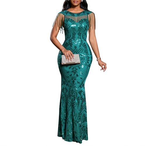 Image of Cololura Women Sexy Sequin Mesh Perspective Bodycon Party Cocktail Evening Gown Maxi Dress