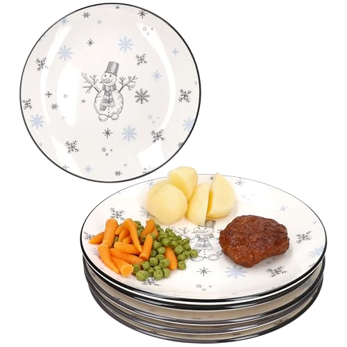 MamboCat Olove Lot de 6 assiettes plates, diamètre : 27 cm, en faïence, avec bonhomme de neige et flocons de neige, pour 6 personnes, pour Noël, l'Avent et Saint-Nicolas