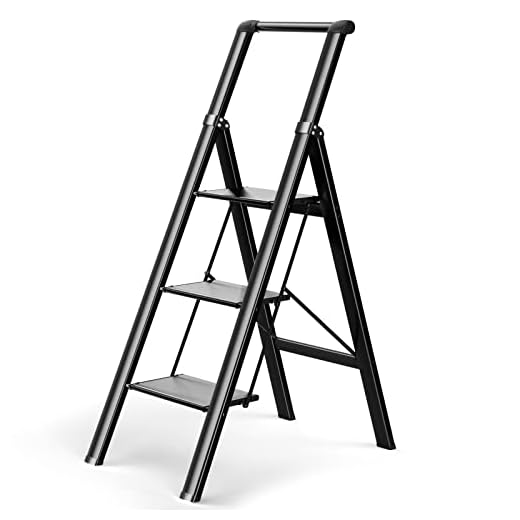 3 Step Ladder, Folding Step Stool with Wide Anti-Slip and Sturdy Pedal, Convenient Handgrip, Aluminum Lightweight Portable Step Stool for Adults Multi-Use for Home and Kitchen, Black, 330 lbs